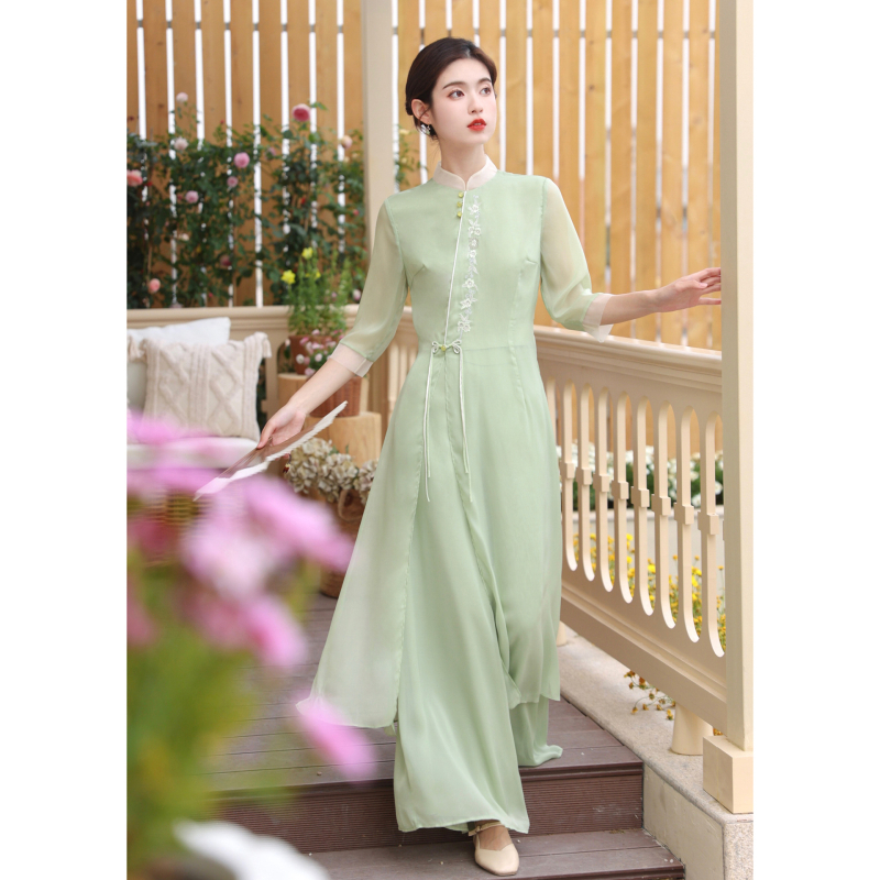 Haljina nadahnut Cheongsam stilom, Zen Hanfu tea elementi, rukav ¾, poliester mješavina 30-50%, proljeće 2023