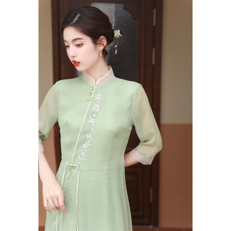 Haljina nadahnut Cheongsam stilom, Zen Hanfu tea elementi, rukav ¾, poliester mješavina 30-50%, proljeće 2023