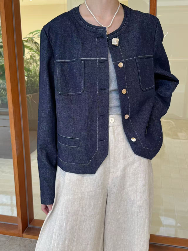 Ženska jakna od konoplje i pamuka, dugi rukavi, okrugli ovratnik, retro stil, duljina 50–65 cm, proljeće 2025