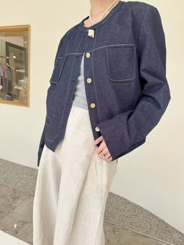 Ženska jakna od konoplje i pamuka, dugi rukavi, okrugli ovratnik, retro stil, duljina 50–65 cm, proljeće 2025