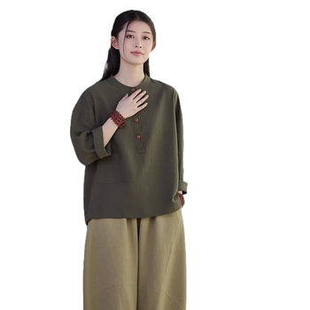 Ženska Tai Chi haljina od pamuk-lin, s disk kopčama, kineskog stila, Zen inspirirana, jednostavan dizajn