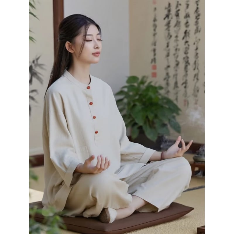 Ženska Tai Chi haljina od pamuk-lin, s disk kopčama, kineskog stila, Zen inspirirana, jednostavan dizajn