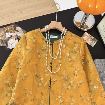 Sacou jacquard în stil Tang pentru femei, top Zen, țesătură bumbac-poliester, conținut poliester sub 30%, sezon universal