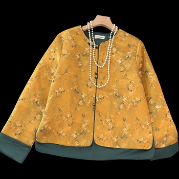 Sacou jacquard în stil Tang pentru femei, top Zen, țesătură bumbac-poliester, conținut poliester sub 30%, sezon universal