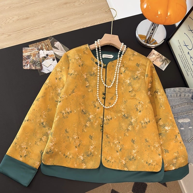 Sacou jacquard în stil Tang pentru femei, top Zen, țesătură bumbac-poliester, conținut poliester sub 30%, sezon universal