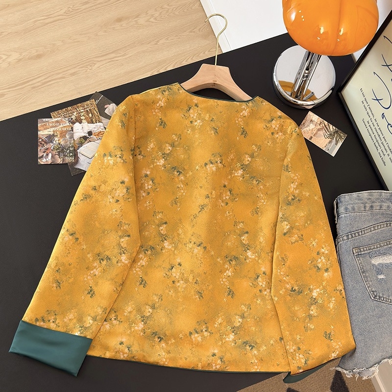 Sacou jacquard în stil Tang pentru femei, top Zen, țesătură bumbac-poliester, conținut poliester sub 30%, sezon universal