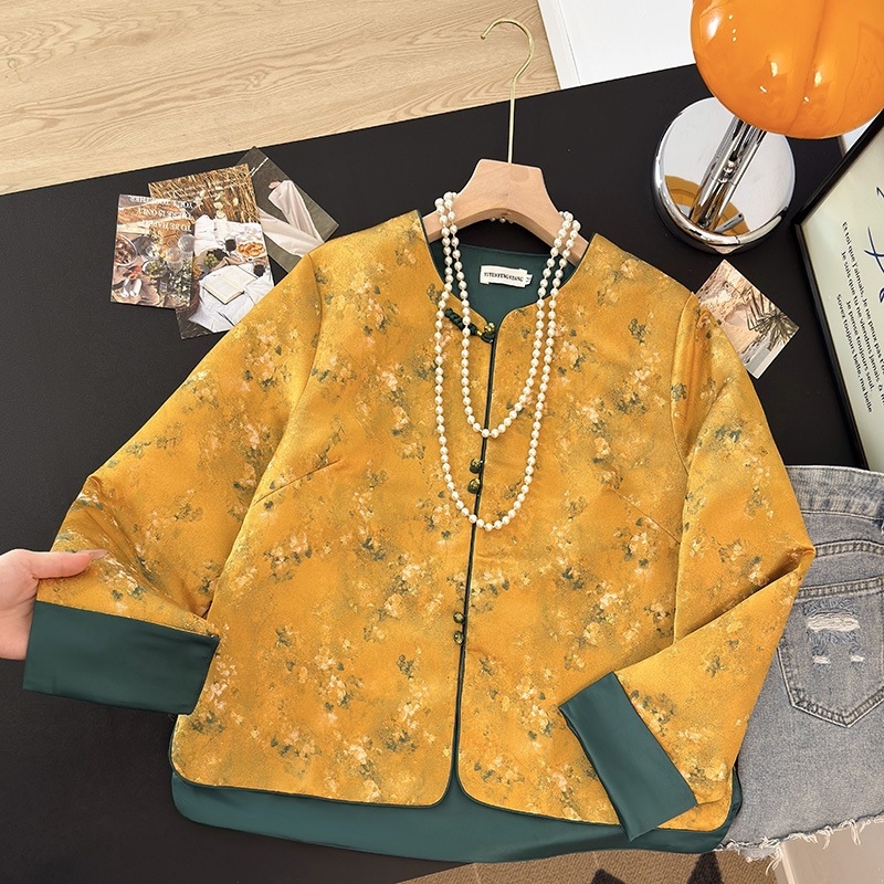 Sacou jacquard în stil Tang pentru femei, top Zen, țesătură bumbac-poliester, conținut poliester sub 30%, sezon universal