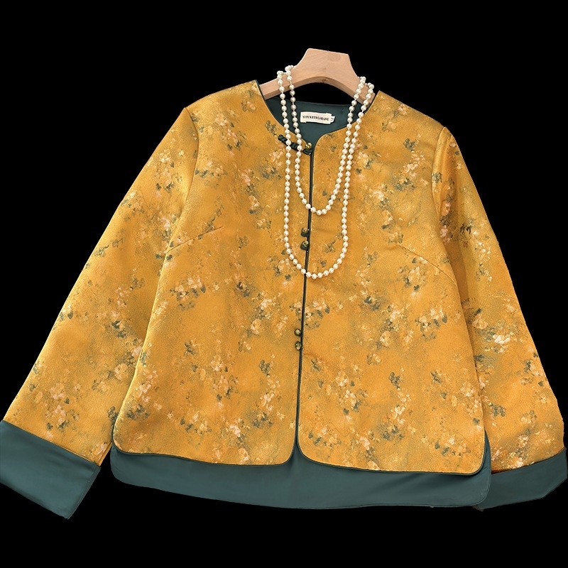 Sacou jacquard în stil Tang pentru femei, top Zen, țesătură bumbac-poliester, conținut poliester sub 30%, sezon universal