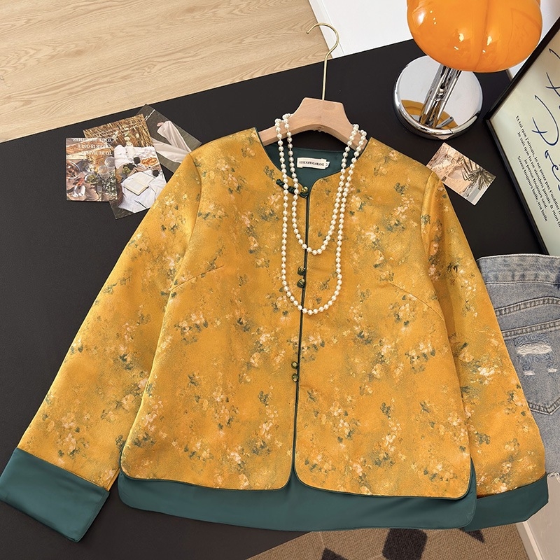 Sacou jacquard în stil Tang pentru femei, top Zen, țesătură bumbac-poliester, conținut poliester sub 30%, sezon universal