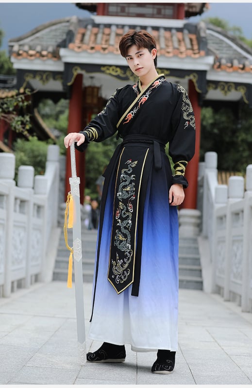 Hanfu férfi öltözet — kosztüm a kínai ősi harcművészet stílusában, a tanulók mindennapi előadásaihoz; fő anyag: kecskebőr; anyag neve: pamutfonal; szezon: 2022 nyár