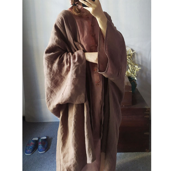 Hanfu inspirirana lanena kardigan-robe s vezicama, vintage nacionalni stil, pranje pjeskom, 95%+ lanenog sadržaja, jesen 2022
