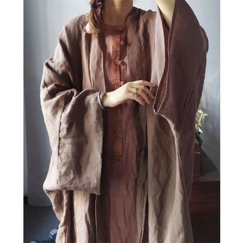 Hanfu inspirirana lanena kardigan-robe s vezicama, vintage nacionalni stil, pranje pjeskom, 95%+ lanenog sadržaja, jesen 2022