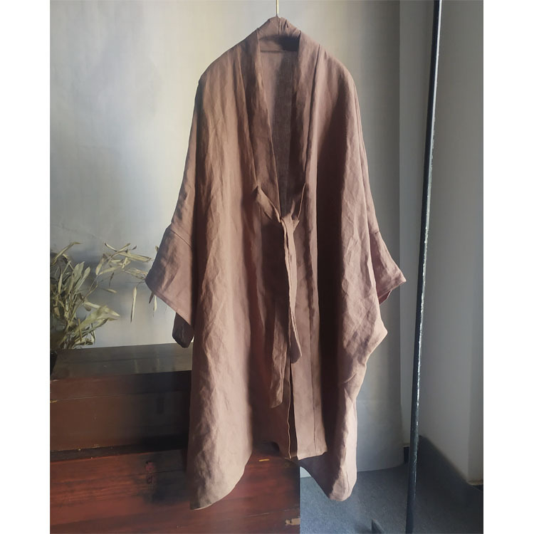 Hanfu inspirirana lanena kardigan-robe s vezicama, vintage nacionalni stil, pranje pjeskom, 95%+ lanenog sadržaja, jesen 2022