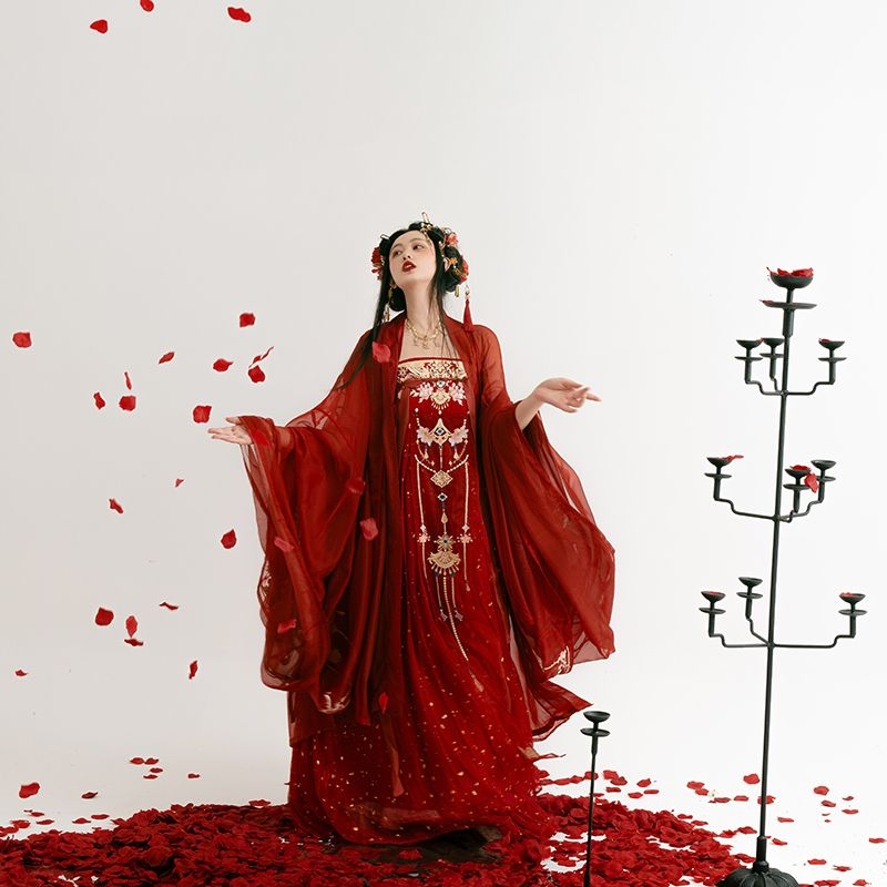 Hanfu set: izšivana bluza s velikim rukavima i suknja, šifon tkanina, mješavina poliestera i regenerirane celuloze, toplo utiskivanje, jesen 2023 izdanje, za hanfu prigode