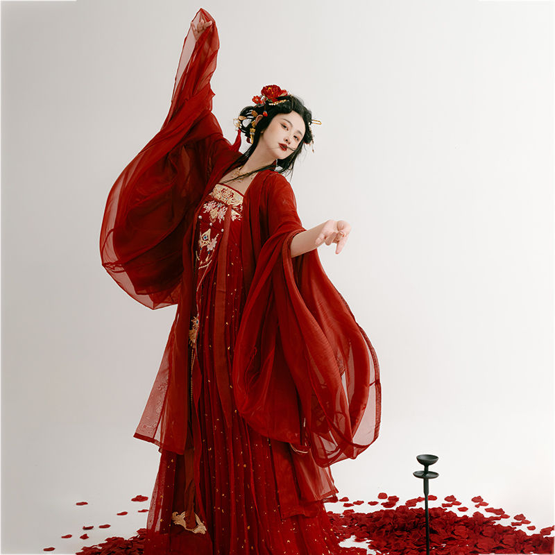 Hanfu set: izšivana bluza s velikim rukavima i suknja, šifon tkanina, mješavina poliestera i regenerirane celuloze, toplo utiskivanje, jesen 2023 izdanje, za hanfu prigode