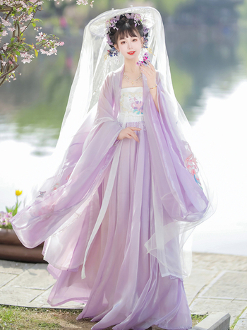 Chanpe ženska Hanfu haljina, Tang stil, široki rukavi, šifon s elastanom, izvezena