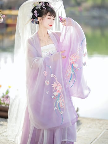 Chanpe ženska Hanfu haljina, Tang stil, široki rukavi, šifon s elastanom, izvezena