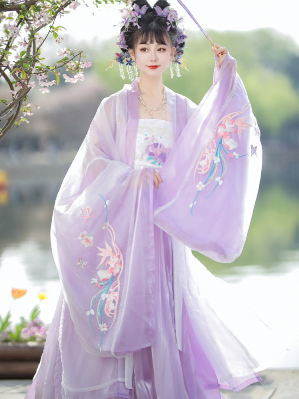 Chanpe ženska Hanfu haljina, Tang stil, široki rukavi, šifon s elastanom, izvezena