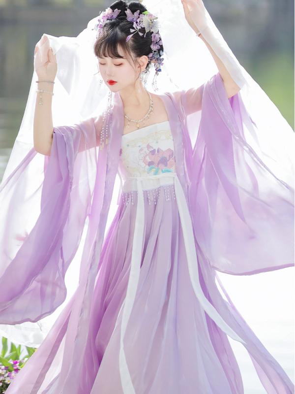 Chanpe ženska Hanfu haljina, Tang stil, široki rukavi, šifon s elastanom, izvezena