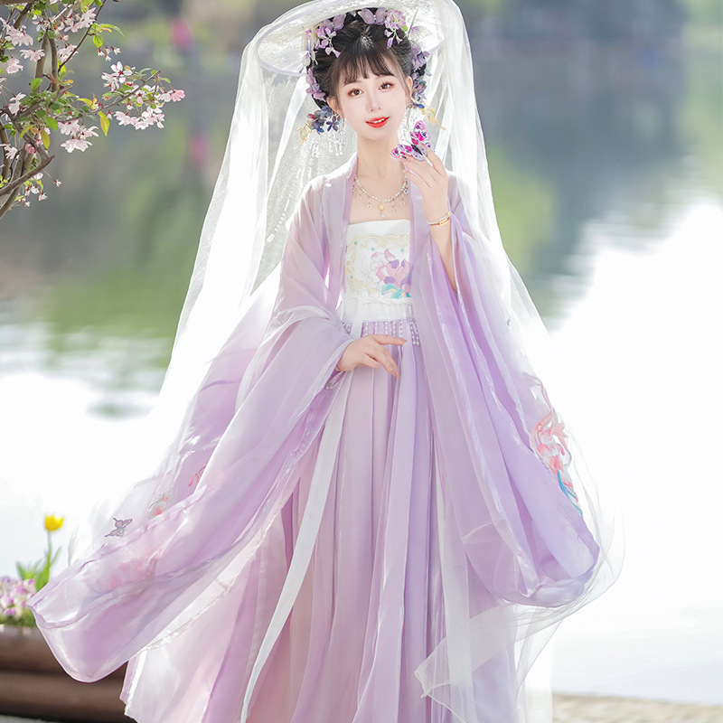 Chanpe ženska Hanfu haljina, Tang stil, široki rukavi, šifon s elastanom, izvezena