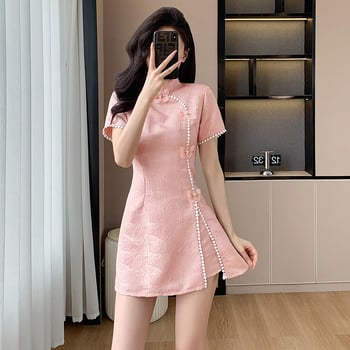 Két darabos készlet: kínai stílusú cheongsam ruha jacquard pillangóvarrással és rövidnadrág, poliészter 70–80% tartalom, nyár 2024, Jiangnan