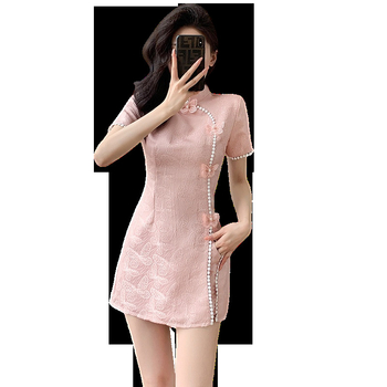 Két darabos készlet: kínai stílusú cheongsam ruha jacquard pillangóvarrással és rövidnadrág, poliészter 70–80% tartalom, nyár 2024, Jiangnan