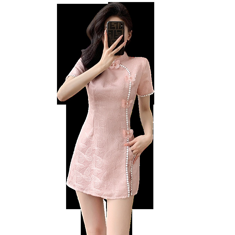 Két darabos készlet: kínai stílusú cheongsam ruha jacquard pillangóvarrással és rövidnadrág, poliészter 70–80% tartalom, nyár 2024, Jiangnan