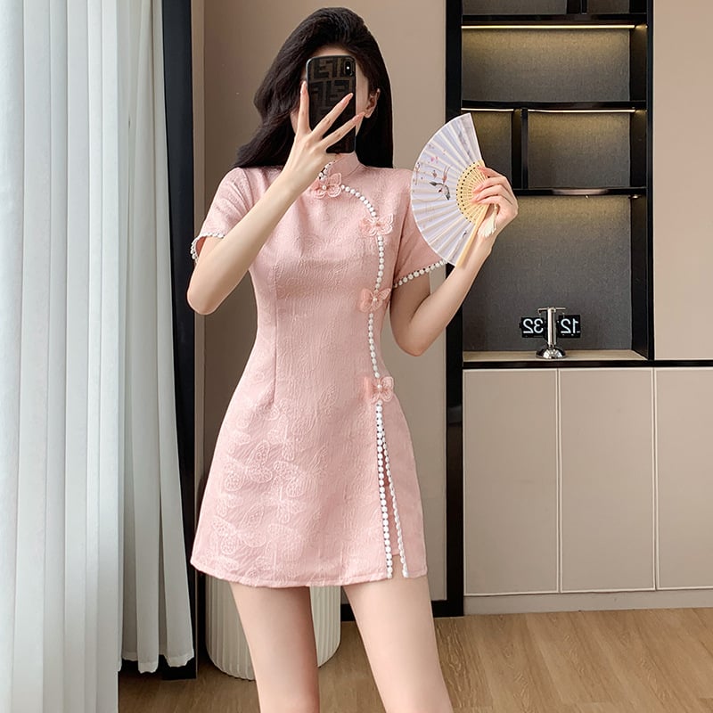 Két darabos készlet: kínai stílusú cheongsam ruha jacquard pillangóvarrással és rövidnadrág, poliészter 70–80% tartalom, nyár 2024, Jiangnan