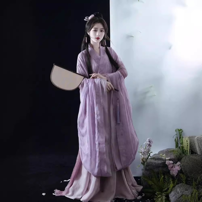 Hanfu haljina u stilu Wei-Jin, križni ovratnik, dužina do struka, šifon, poliesterska smjesa, ljeto 2024