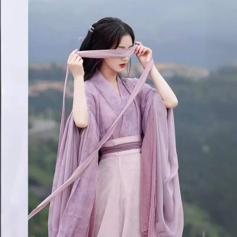 Hanfu haljina u stilu Wei-Jin, križni ovratnik, dužina do struka, šifon, poliesterska smjesa, ljeto 2024