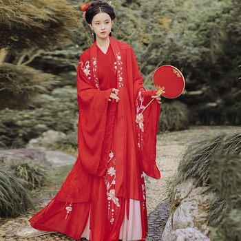 Vjenčani Hanfu dvodijelni set: Bluza s križnim ovratnikom i širokim rukavima te izvezeni/h tvđena suknja s prorezom; poliester mješavina, vez, proljeće 2024