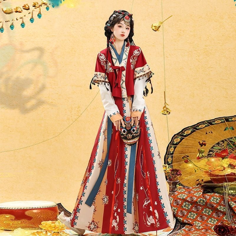 Hanfu set za žene — modificirani Tang stil, suknja do struka, proljeće-ljeto, poliester 95%+, otisak izrada, šifra proizvoda a156