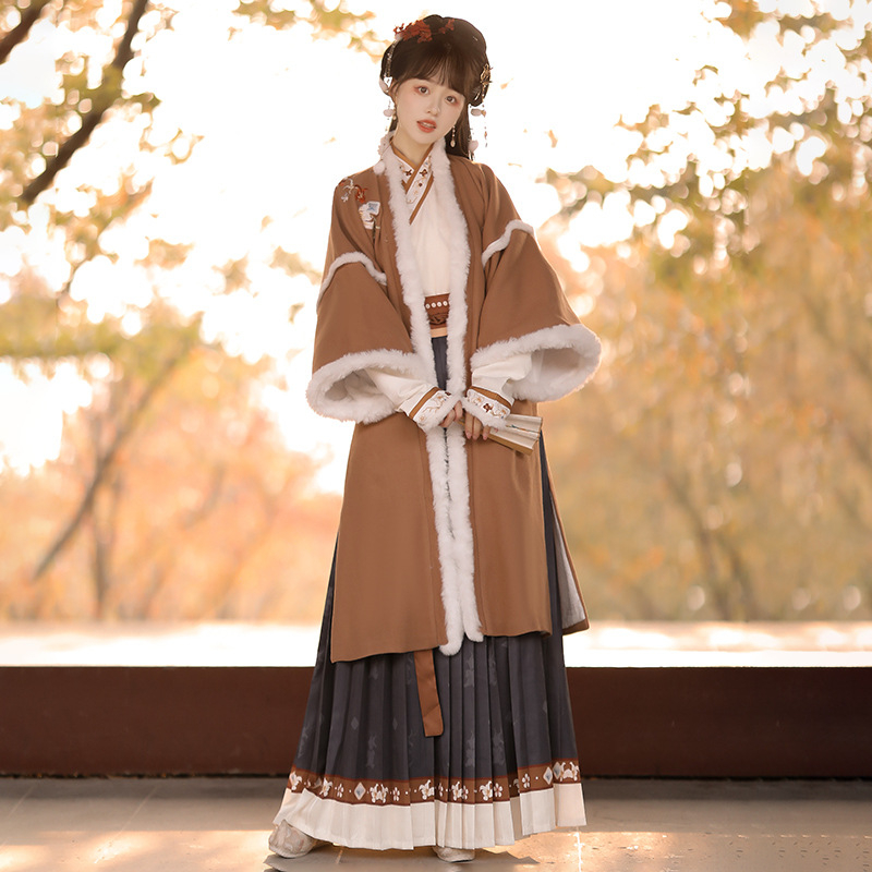 Hanfu do pojasa, izšivana poliester gornja haljina, stil dinastije Song, debela za jesen/zimu