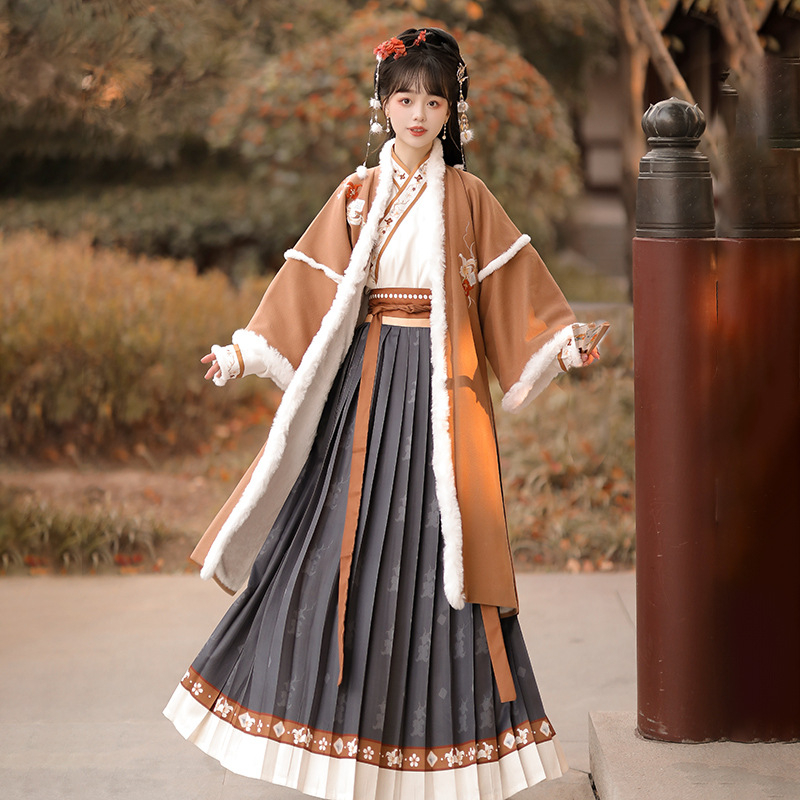 Hanfu do pojasa, izšivana poliester gornja haljina, stil dinastije Song, debela za jesen/zimu