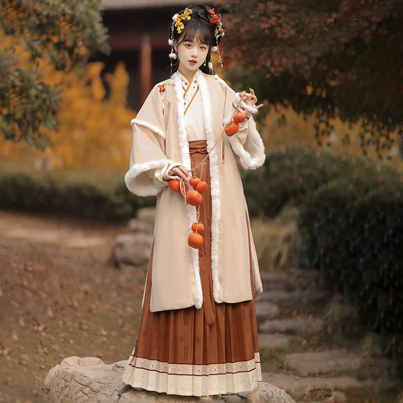 Hanfu do pojasa, izšivana poliester gornja haljina, stil dinastije Song, debela za jesen/zimu