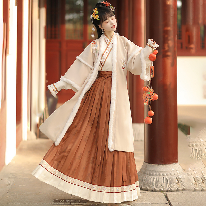 Hanfu do pojasa, izšivana poliester gornja haljina, stil dinastije Song, debela za jesen/zimu