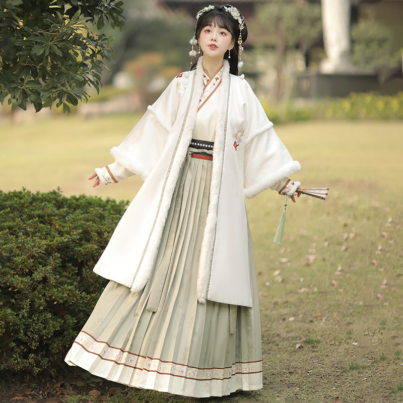 Hanfu do pojasa, izšivana poliester gornja haljina, stil dinastije Song, debela za jesen/zimu