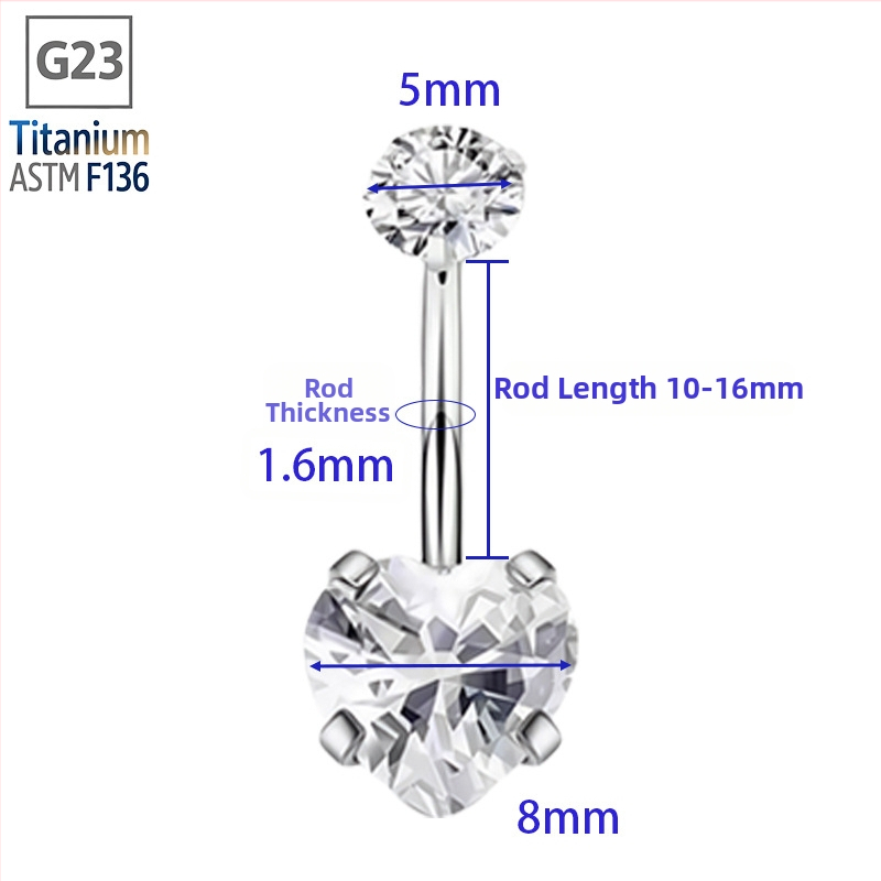 G23 titánová zliatina brušný prsteň so srdcom, s 5A zirkóniou, unisex piercing do tela