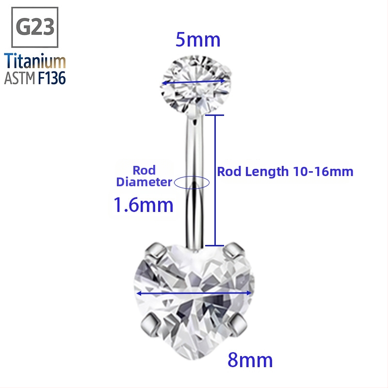 G23 titánová zliatina brušný prsteň so srdcom, s 5A zirkóniou, unisex piercing do tela