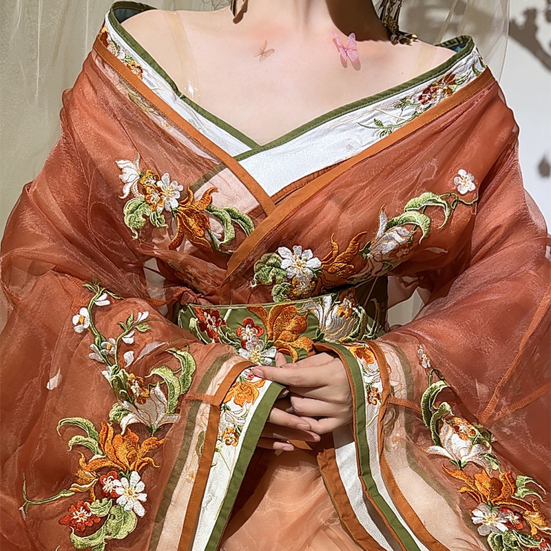 Ženska Hanfu roba s motívom granatnog plamena, drevni kineski stil, dugi rukavi, preklopni ovratnik, poliester, 90–95% poliester, bez glačanja, jesen 2024