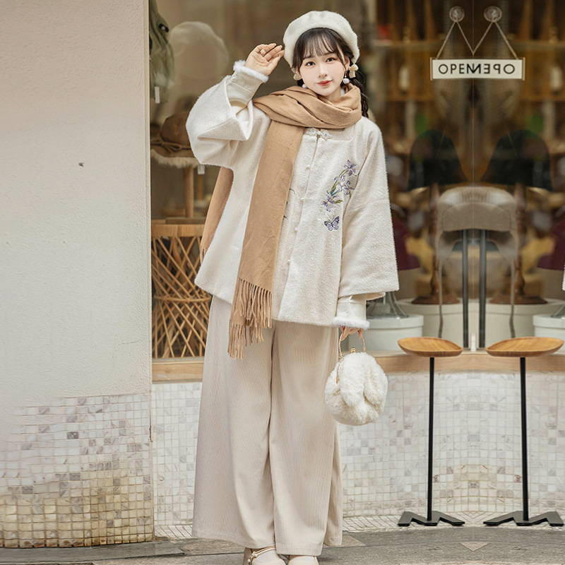 Hanfu ženski pleteni top s kvadratnim izrezom i hlače u stilu Song, vezeno, poliester, zima 2025