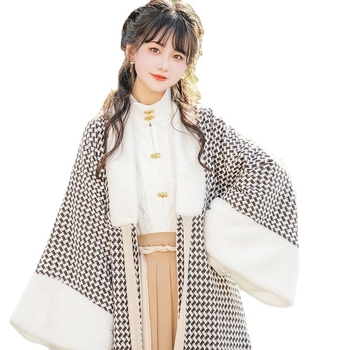 Zimski Hanfu set: Song stil dvostruko dug jakna s stojećim ovratnikom i plisiranom suknjom, konopna tkanina, fleece podstava, proljeće 2023