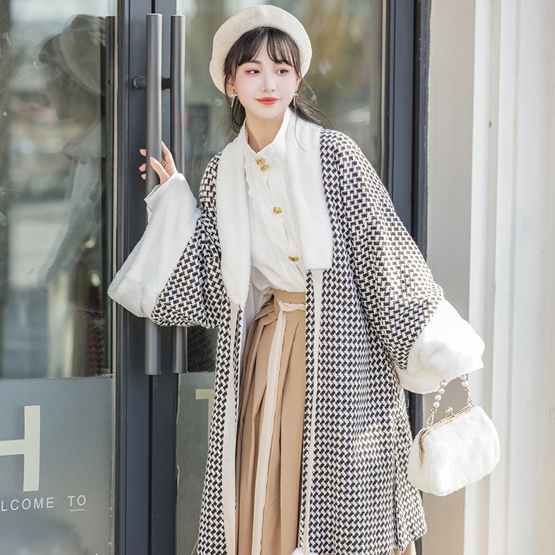 Zimski Hanfu set: Song stil dvostruko dug jakna s stojećim ovratnikom i plisiranom suknjom, konopna tkanina, fleece podstava, proljeće 2023