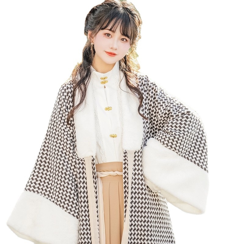 Zimski Hanfu set: Song stil dvostruko dug jakna s stojećim ovratnikom i plisiranom suknjom, konopna tkanina, fleece podstava, proljeće 2023