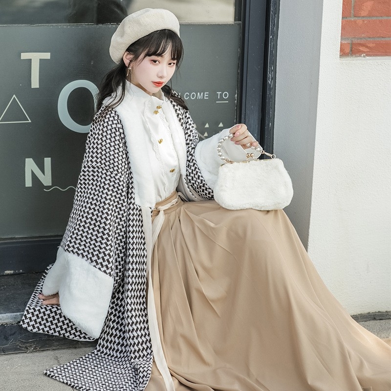 Zimski Hanfu set: Song stil dvostruko dug jakna s stojećim ovratnikom i plisiranom suknjom, konopna tkanina, fleece podstava, proljeće 2023