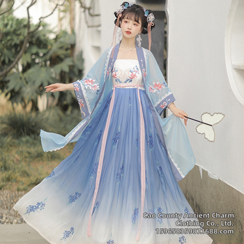 Chanpe Hanfu - Tang štýlu Hezi top s veľkými rukávmi, vyšívaná Ru sukňa, hodváb, pre Hanfu dennú módu (Jar-Leto-Jeseň)