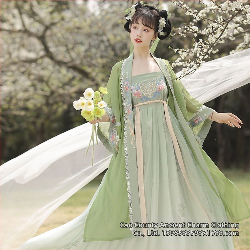 Chanpe Hanfu - Tang štýlu Hezi top s veľkými rukávmi, vyšívaná Ru sukňa, hodváb, pre Hanfu dennú módu (Jar-Leto-Jeseň)