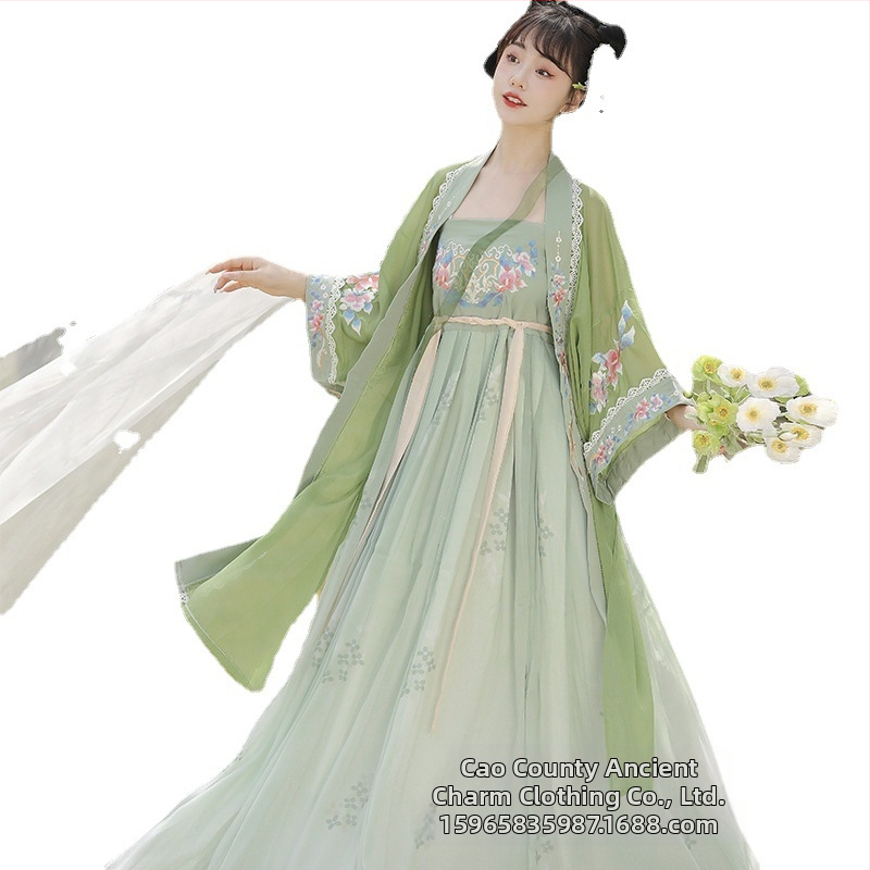 Chanpe Hanfu - Tang štýlu Hezi top s veľkými rukávmi, vyšívaná Ru sukňa, hodváb, pre Hanfu dennú módu (Jar-Leto-Jeseň)
