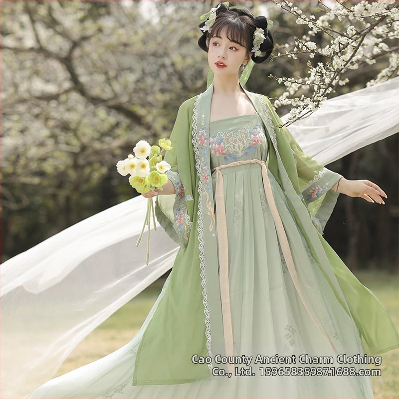 Chanpe Hanfu - Tang štýlu Hezi top s veľkými rukávmi, vyšívaná Ru sukňa, hodváb, pre Hanfu dennú módu (Jar-Leto-Jeseň)