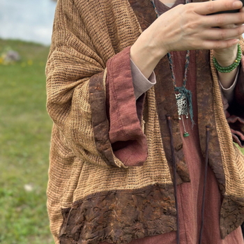 SN207 Laneni patchwork kardigan s vezicama – retro literarni stil, 95% lan, otisak i bojenje, jesen 2025